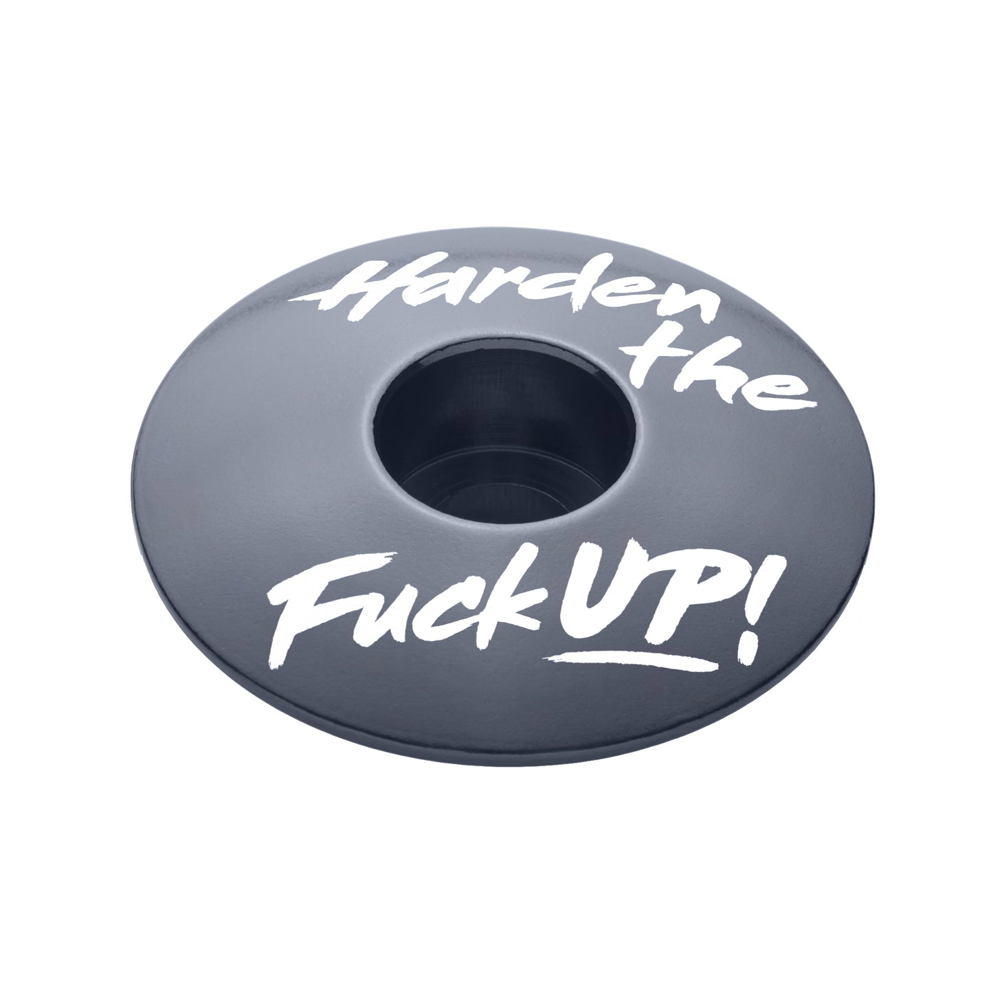 Gray custom stem cap for bikes made from aluminum fits 1 1/8-inch steerer tubes.