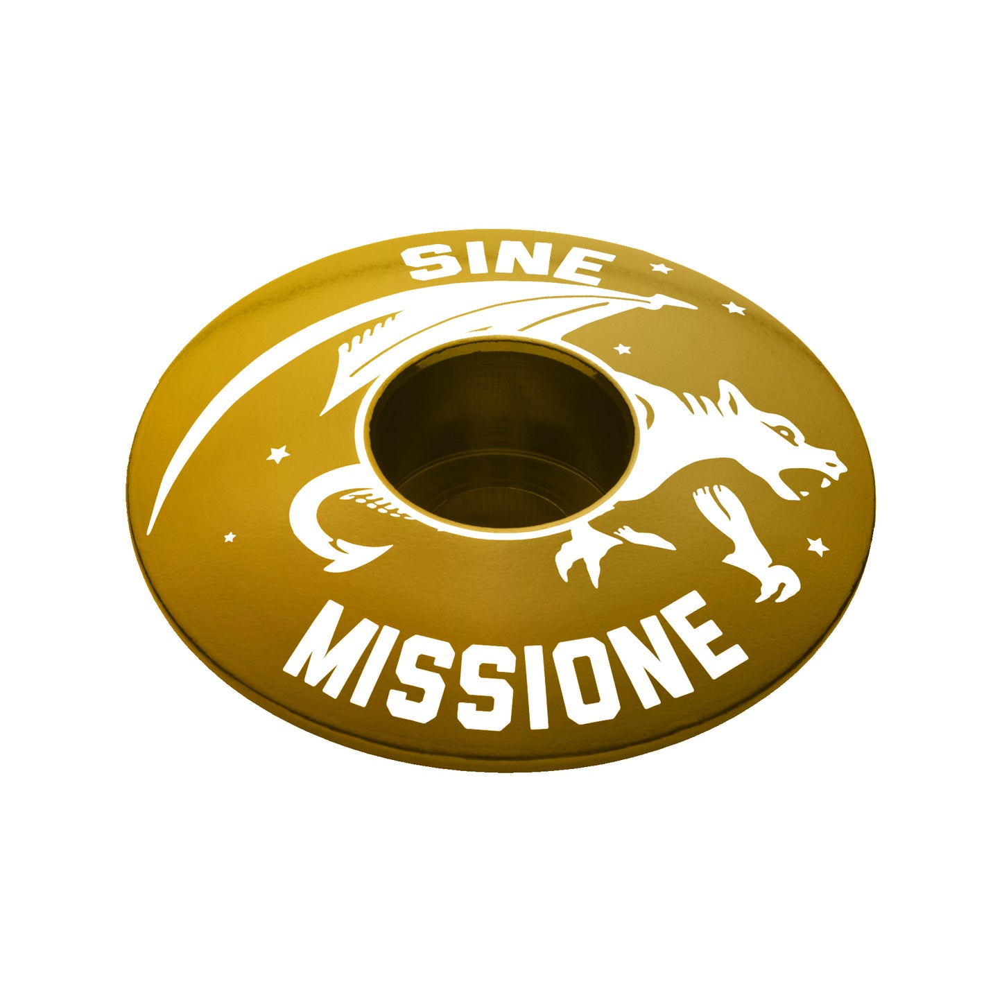Gold headset cap with Gargoyle mascot design for a personalized bicycle.