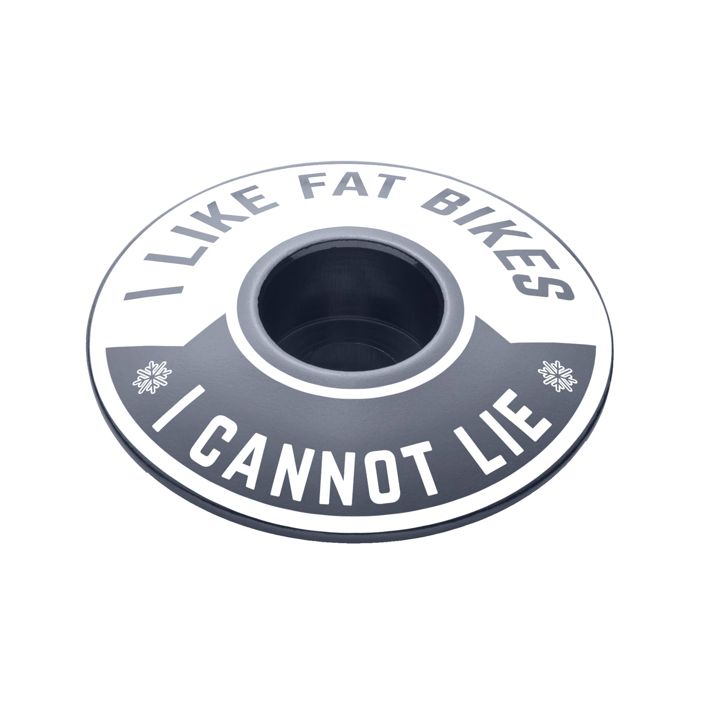 Gray headset top cap with "I Like Fat Bikes" design made from durable aluminum material.