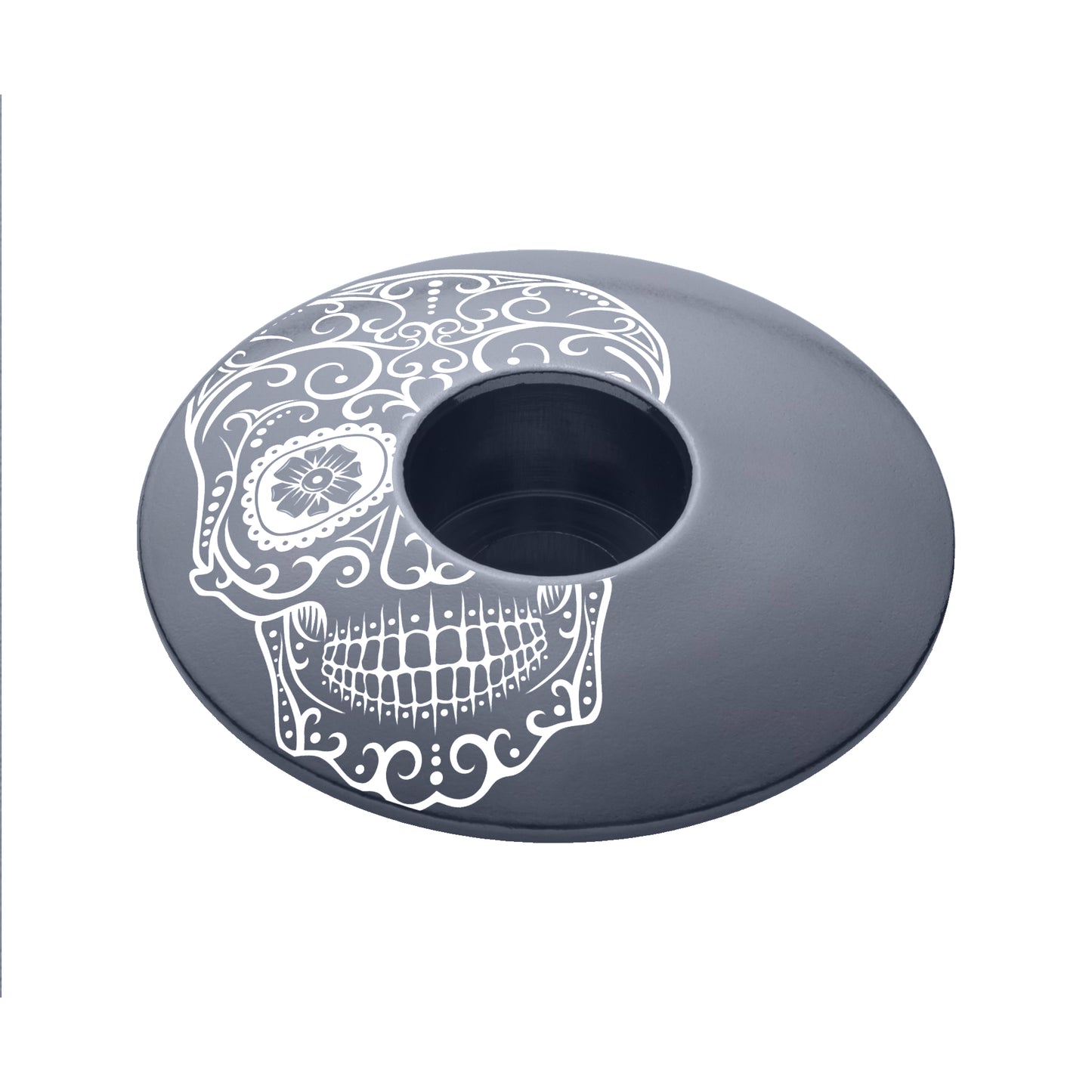 Vía de Muertos gray bicycle stem cap, a custom top cap for the headset, bike stem cap.