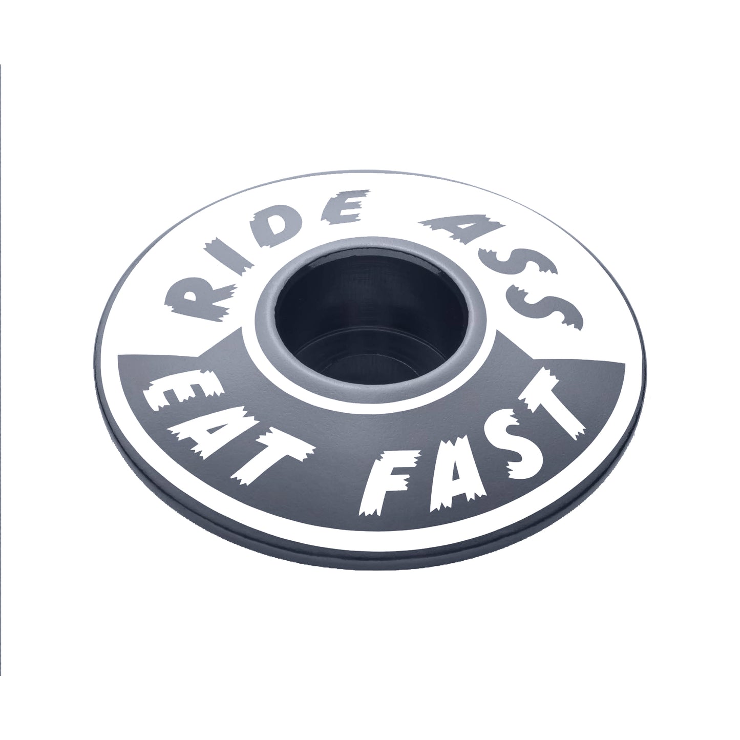 Gray Ride Ass Eat Fast bike headset cap for 1 1/8 steerer tubes adds personality to your bicycle top cap.