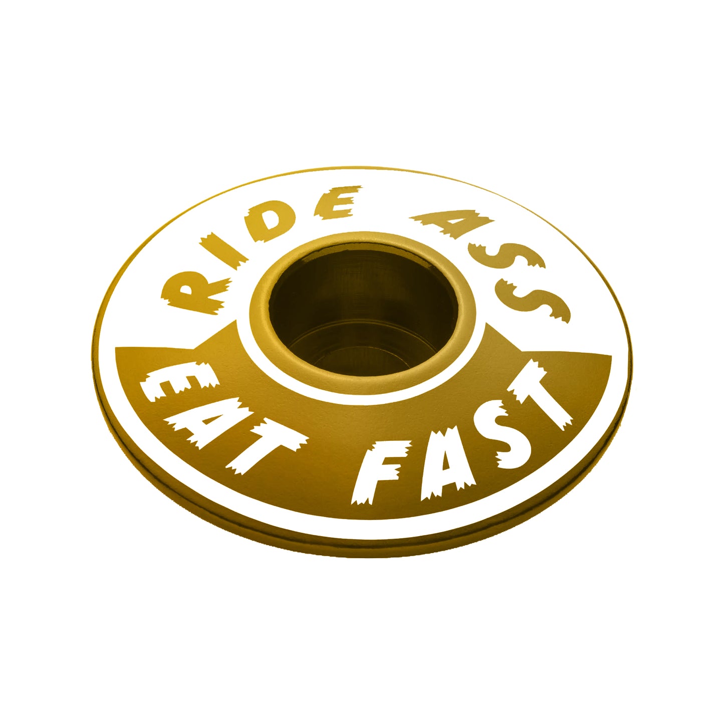 Gold Ride Ass Eat Fast bike headset cap for 1 1/8 steerer tubes adds personality to your bicycle top cap.