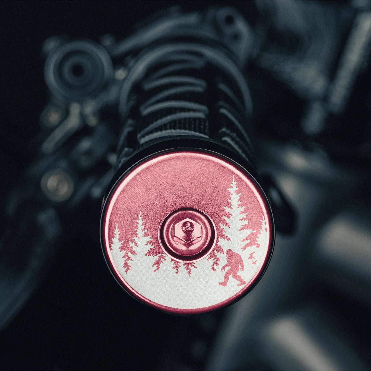 Bigfoot Hiding - Pink road bicycle bar end plugs with Sasquatch design adds personality to road or gravel bike handlebars.