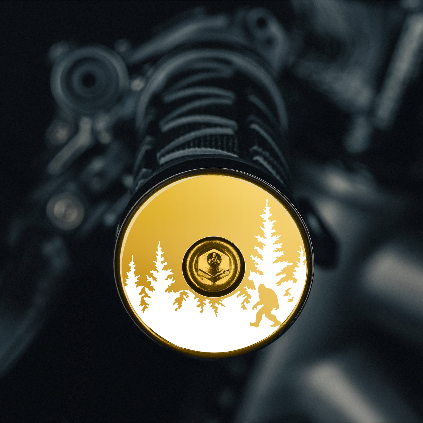 Bigfoot Hiding - Sasquatch bike bar end plugs are a durable handlebar option for road or mountain biking adventures.