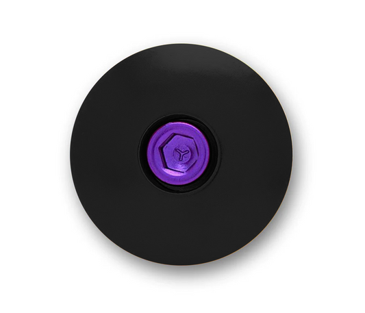 Black bicycle headset cap designed for 1 1/8" steerer tubes on mountain and road bikes.