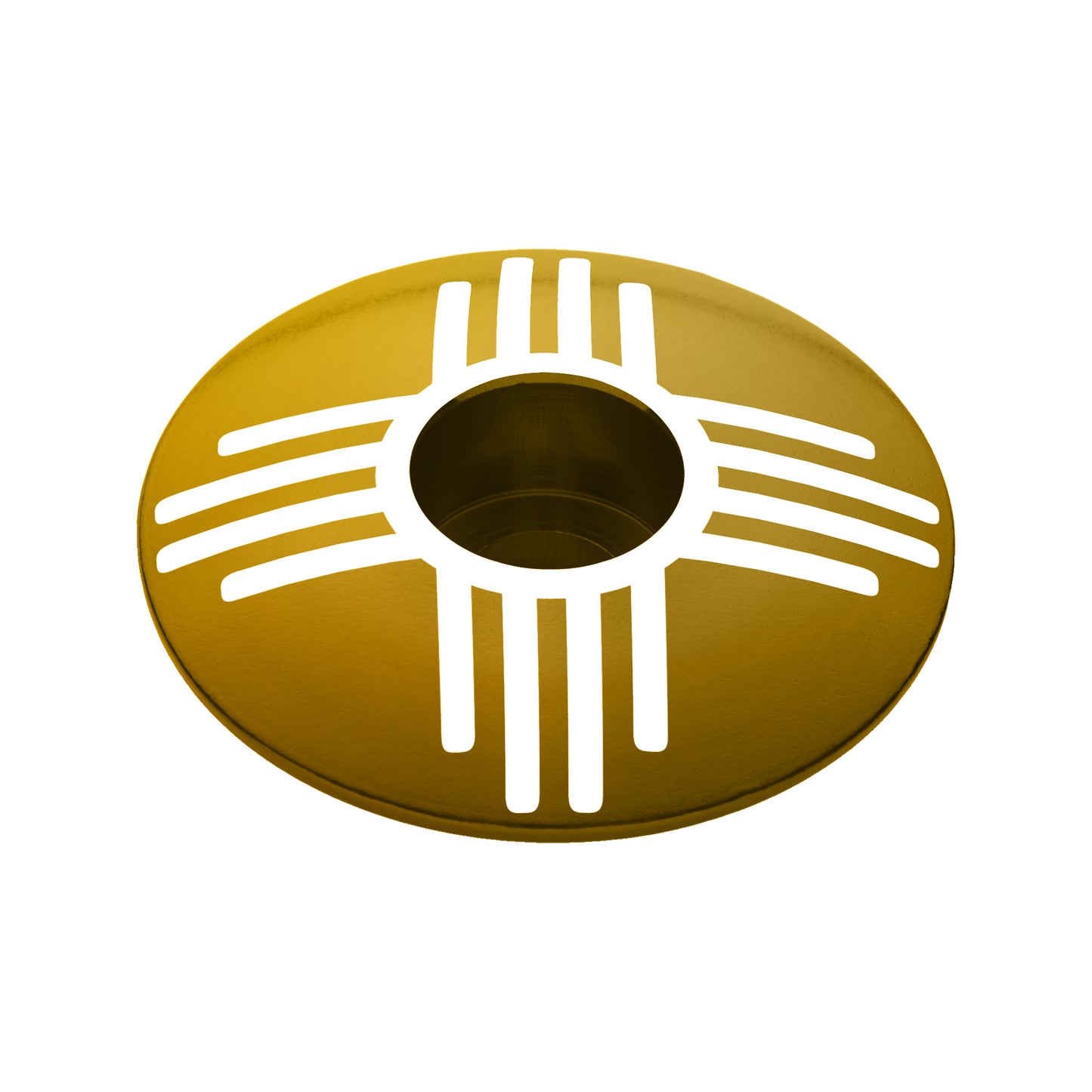 Custom gold bicycle stem cap with Zia symbol, a unique headset cap for your bike.