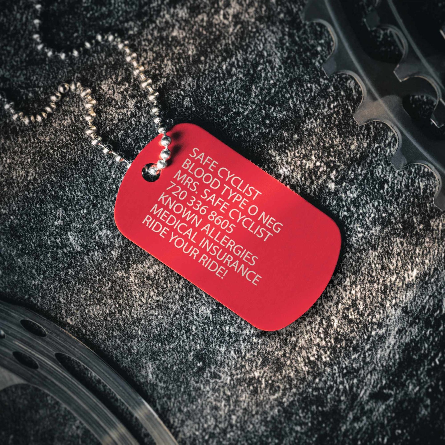 EMERGENCY IDENTIFICATION Bicycle Safety ID Dog Tag Necklace for cyclist