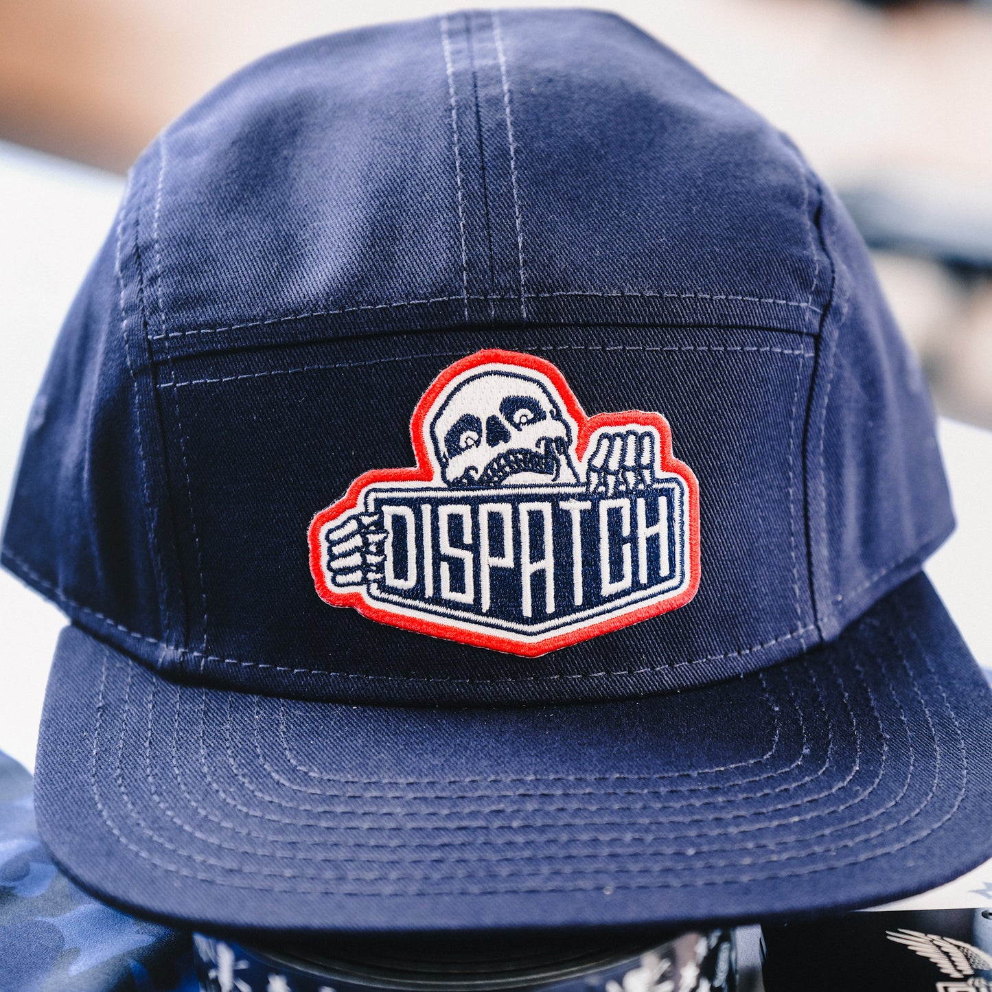 Dispatch Red White & Blue Skalli Badge 5 Panel Hat for cycle lovers.