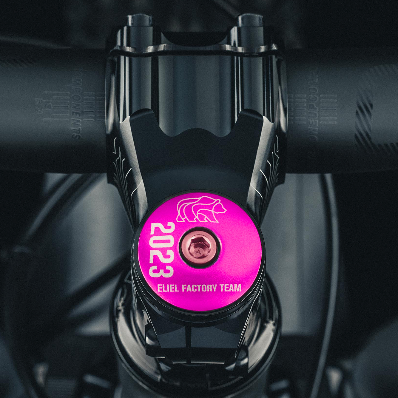 Hot pink custom bicycle accessories top cap designed for 2023 Eliel EFT bike.