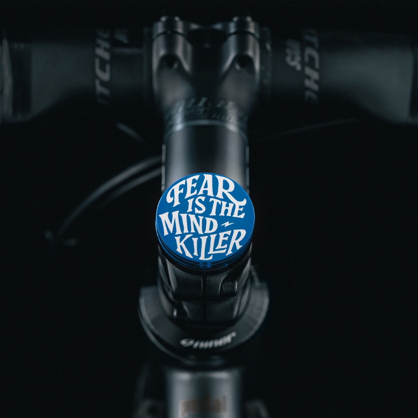 Fear is The Mind Killer - Blue flat top bike headset cap designed for modern bicycle stem compatibility.