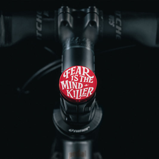 Fear is The Mind Killer - Flat red bicycle headset cap with a custom flat top design for bike components