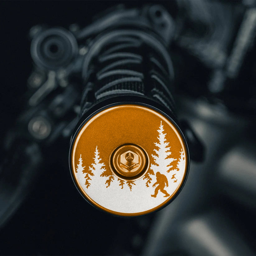 Bigfoot Hiding - Gold Sasquatch bike bar end plugs are a durable handlebar option for road or mountain biking adventures.