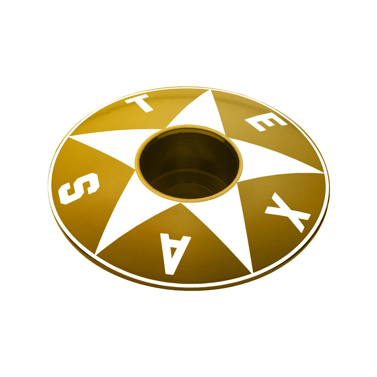 Gold Texas top cap with a star design surrounded by Texas lettering.