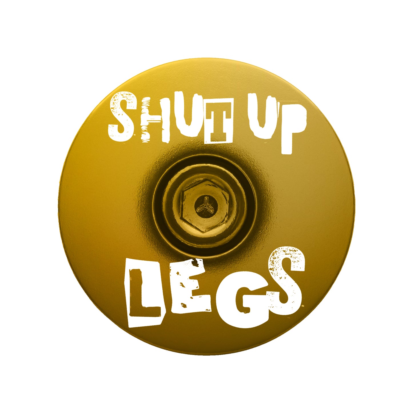 Gold bicycle headset cap with Shut Up Legs design fits 1 1/8-inch steerer tubes ideal for bike upgrades.