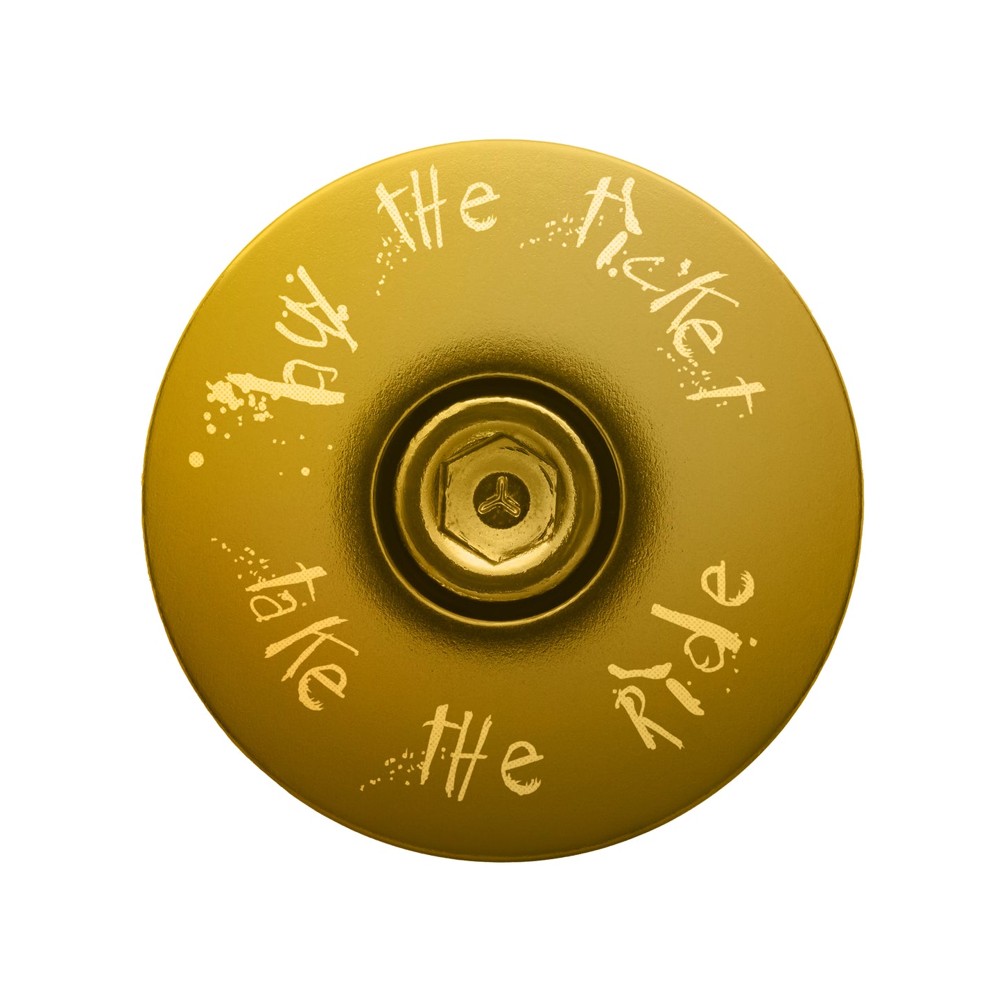 Gold bicycle headset top cap with custom engraving and anodized finish.
