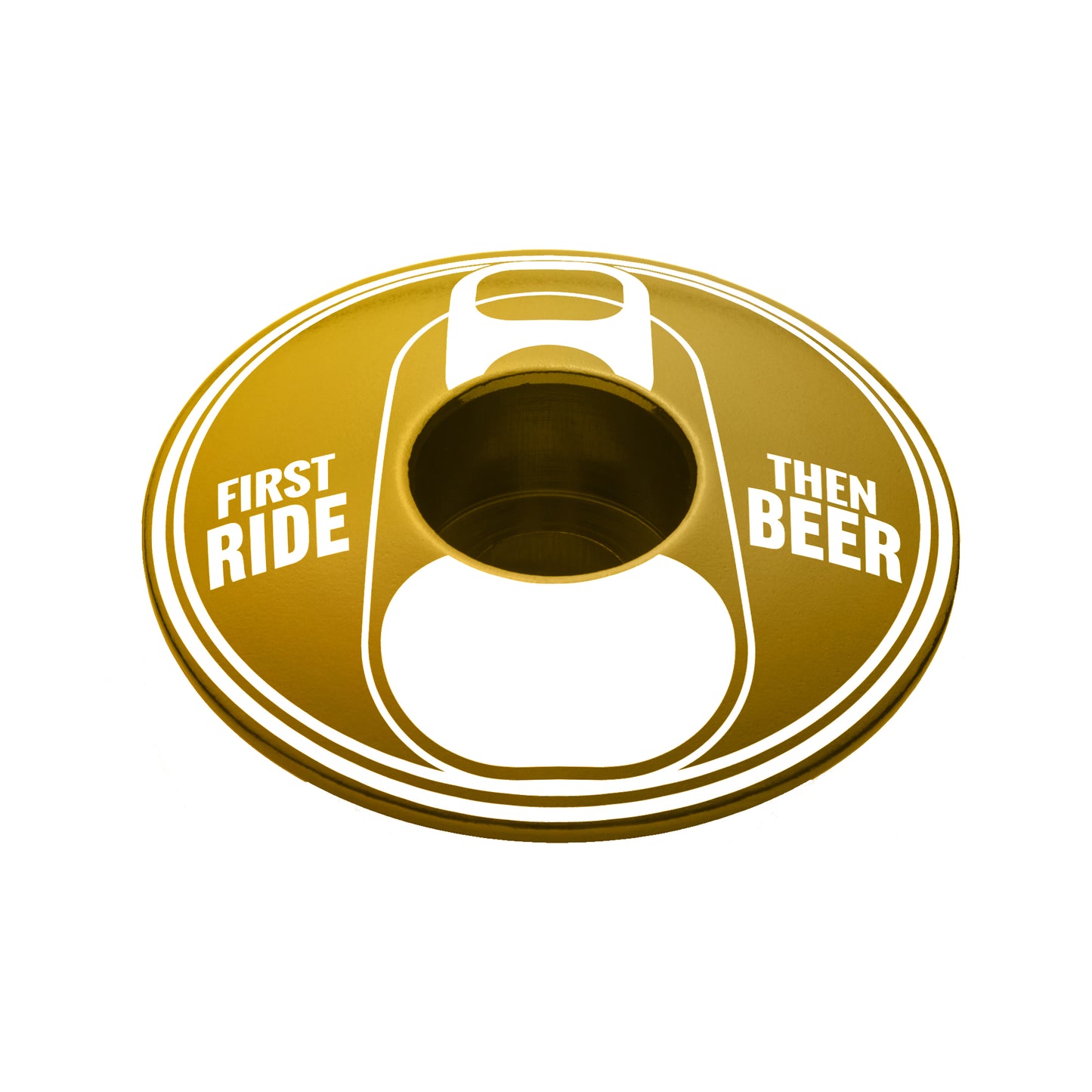 Gold headset top cap with "First Ride Then Beer" text
