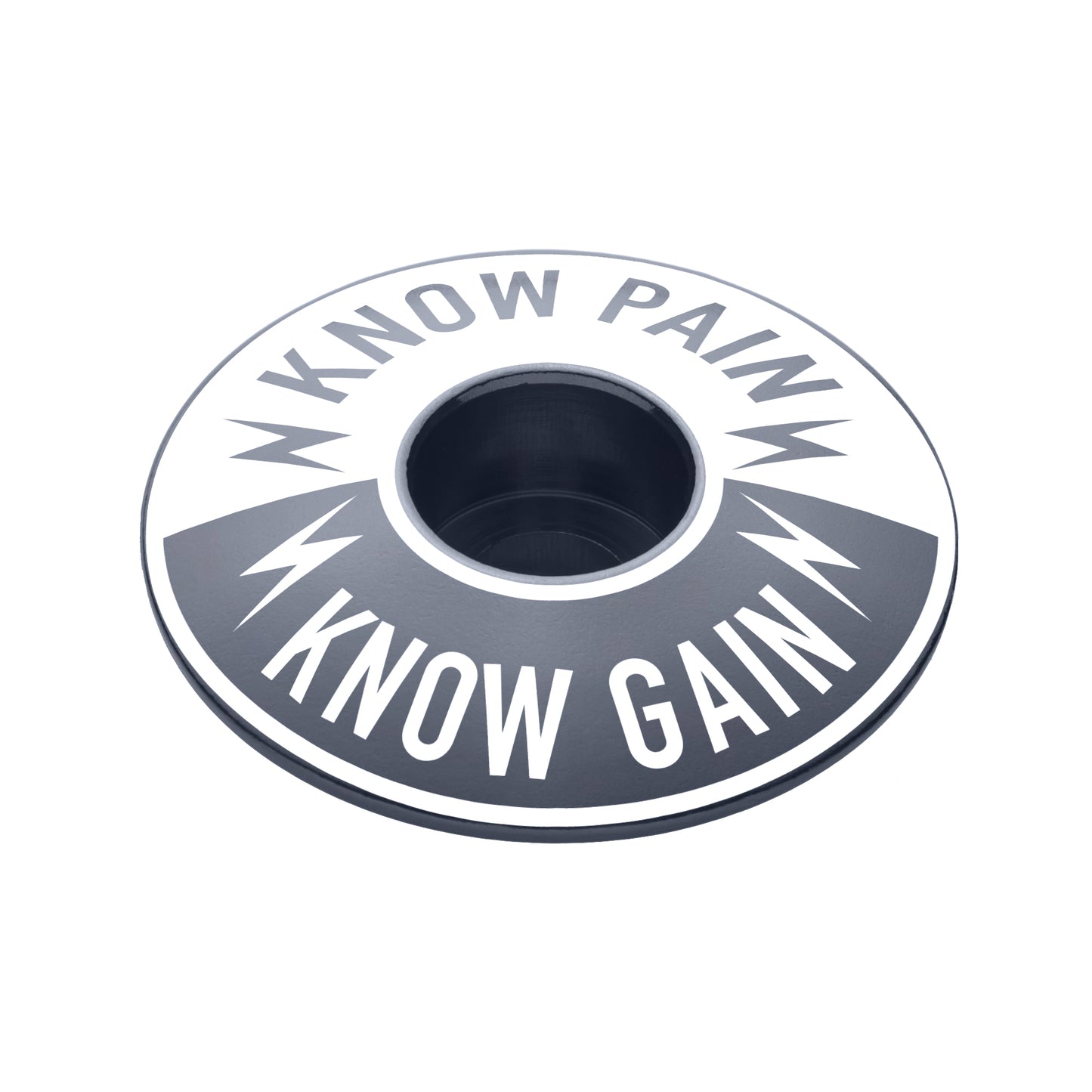 Gray Know Pain Know Gain headset cap, a reminder of inner strength for every cyclist