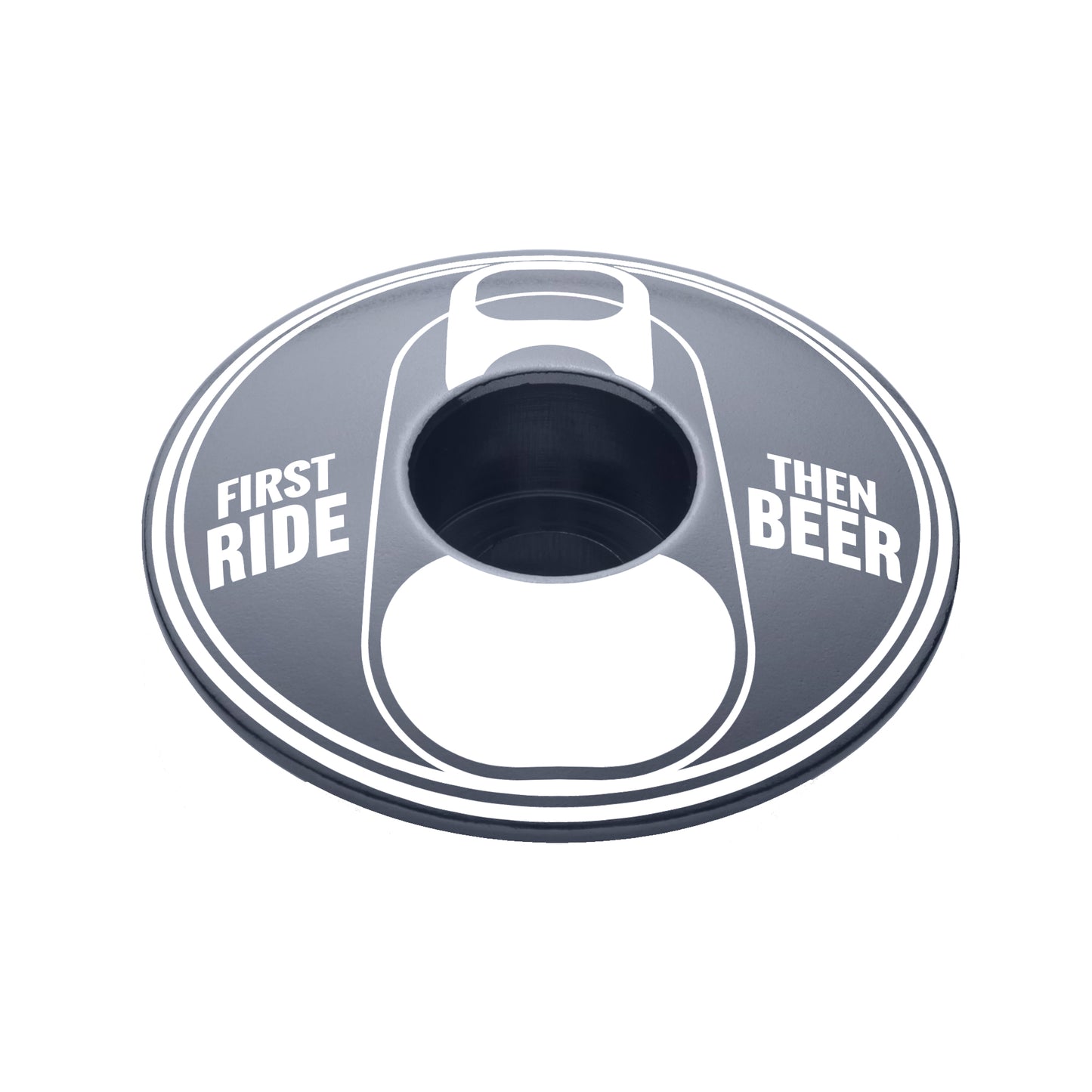 Gray bicycle stem cap with "First Ride Then Beer" design