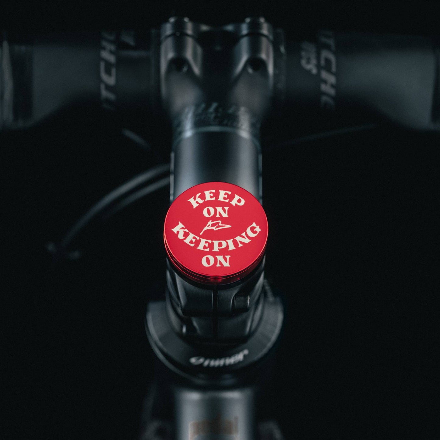 Keep On Keeping On - Shapeshifter Bicycle Headset Cap with hand-drawn motivational design and flat top cover.