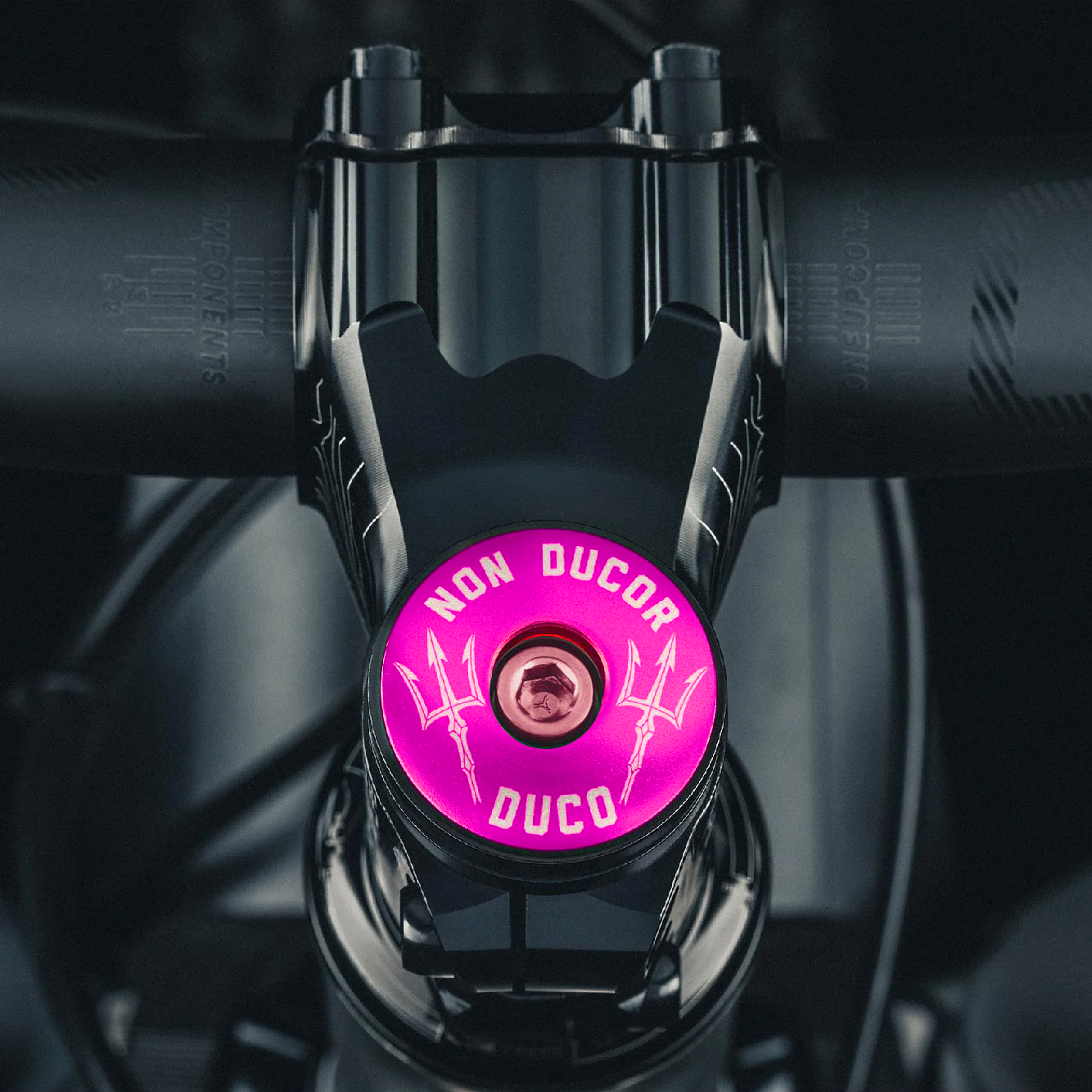 Non Ducor, Duco Custom Bicycle Headset Cap - Hot pink custom bicycle accessory with "No Bad Rides" text for a unique look.