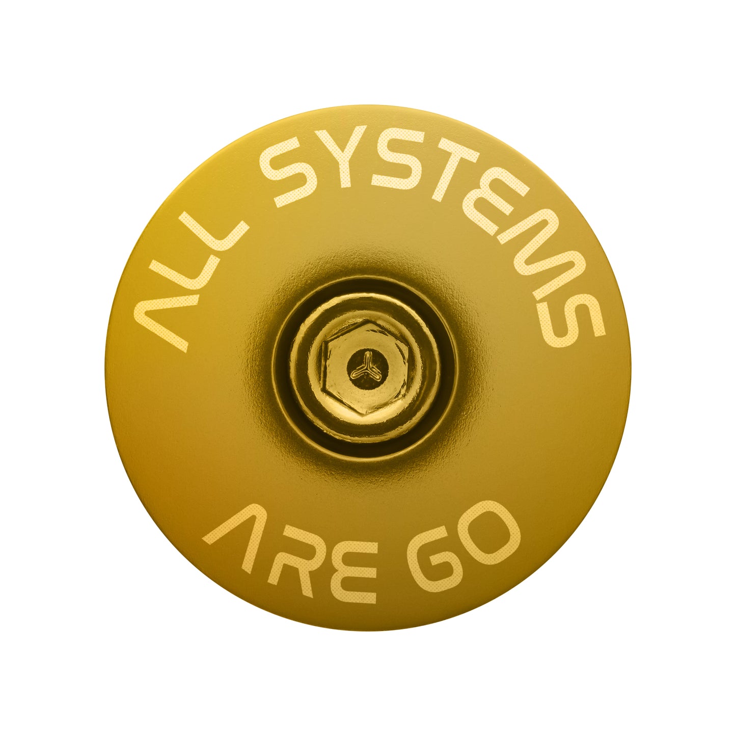 Gold anodized mountain bike stem cap engraved with "All Systems Are Go" for custom bicycles.