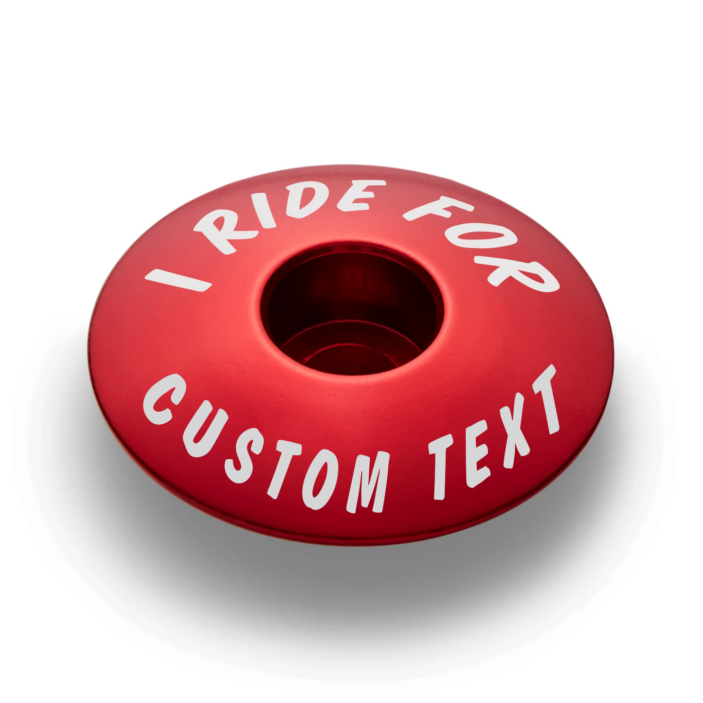 Red bike top cap designed for personalizing your ride with custom text