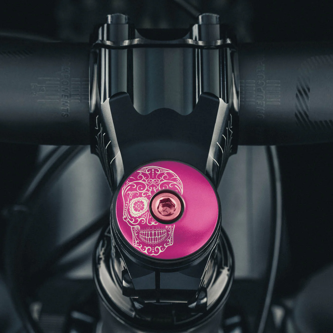 Vía de Muertos hot pink bicycle headset cap, custom bike top cap, cycling components.