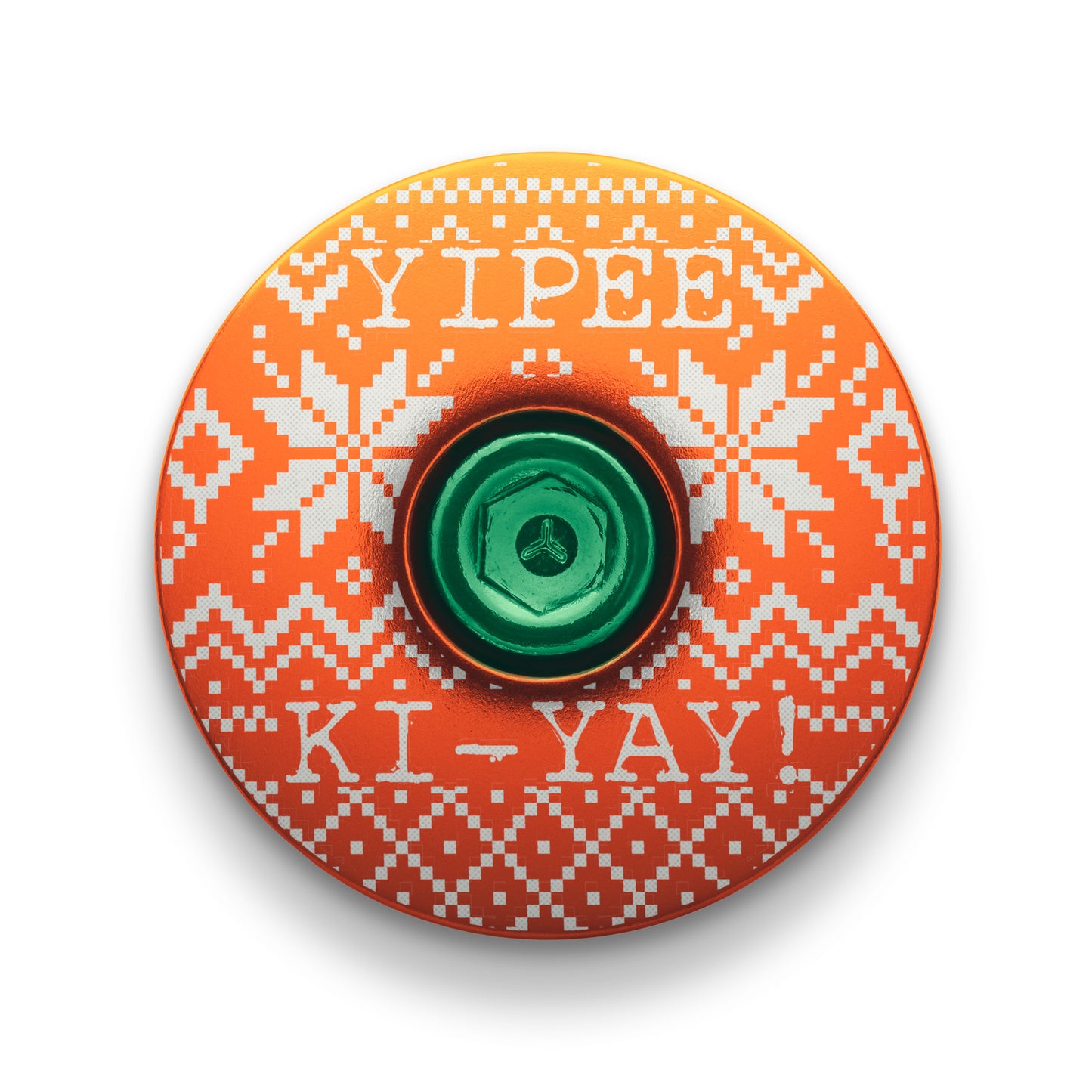 Orange custom stem cap for personalizing bike components.