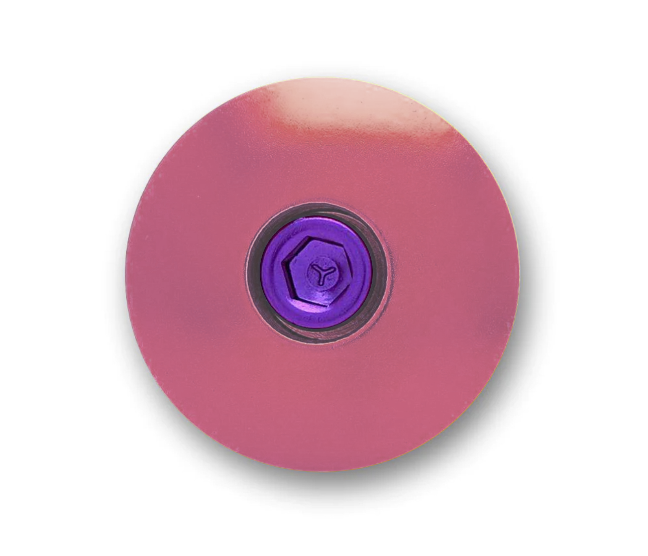 A stylish pink stem top cap adds a personalized touch to cycling equipment.