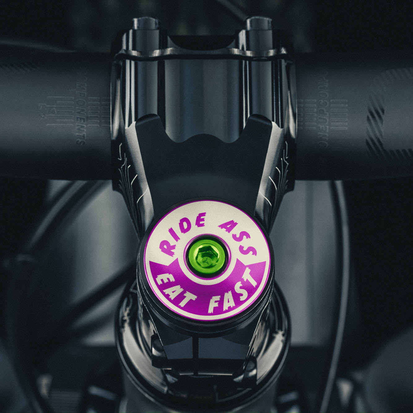 Ride Ass Eat Fast Bicycle Headset Cap for 1 1/8 steerer tubes adds personality to your bicycle top cap.