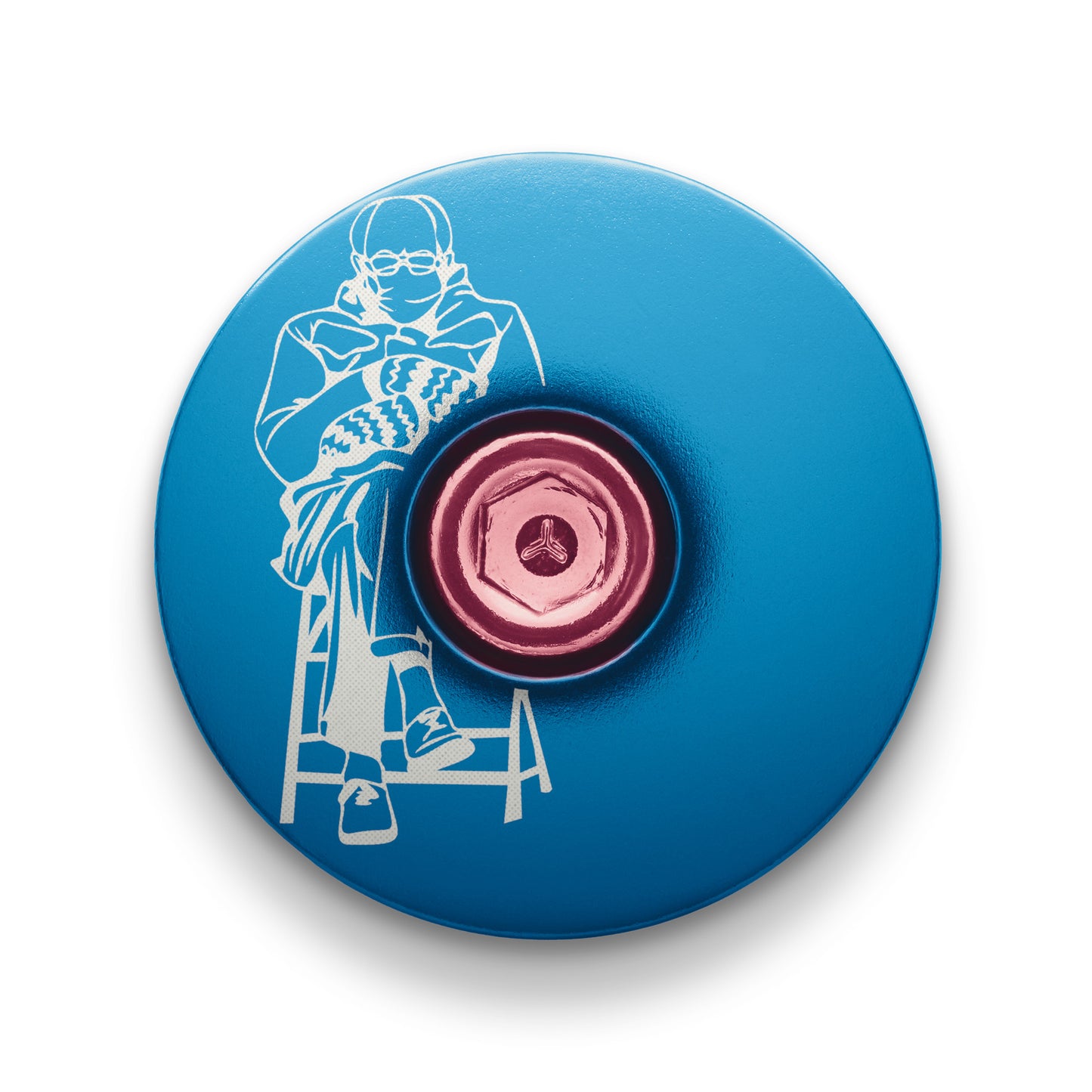 Blue headset top cap for mountain bikes with engraved lettering.