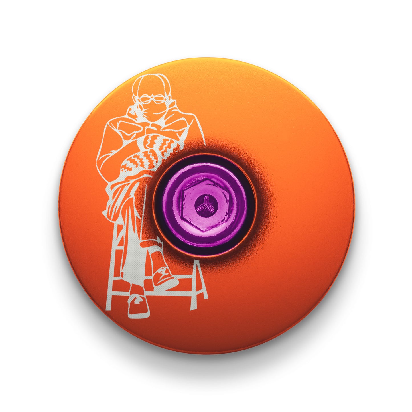 Orange custom headset cap with engraved design for mountain bike stem caps.