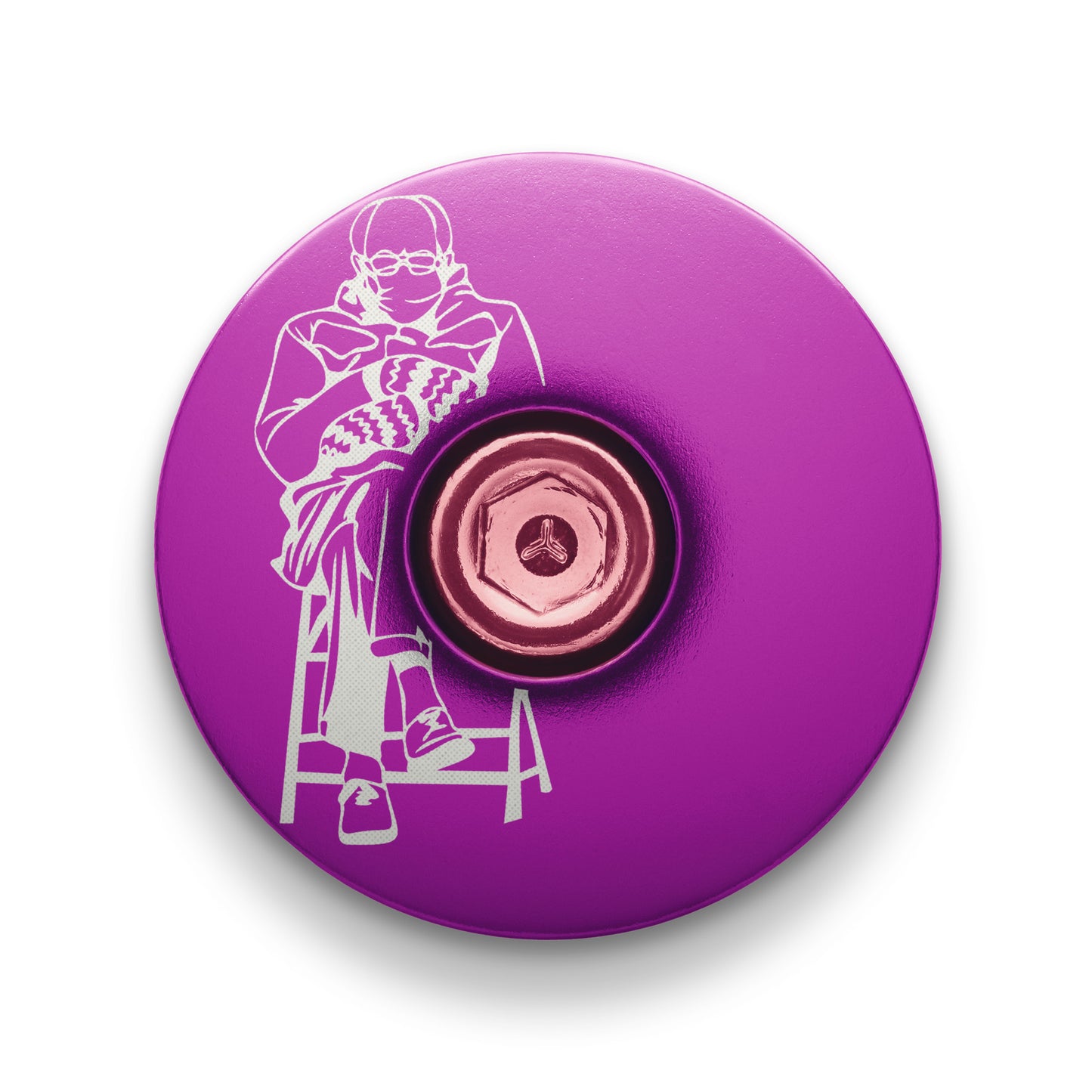 Purple personalized stem cap with laser-etched design for mountain bikes.