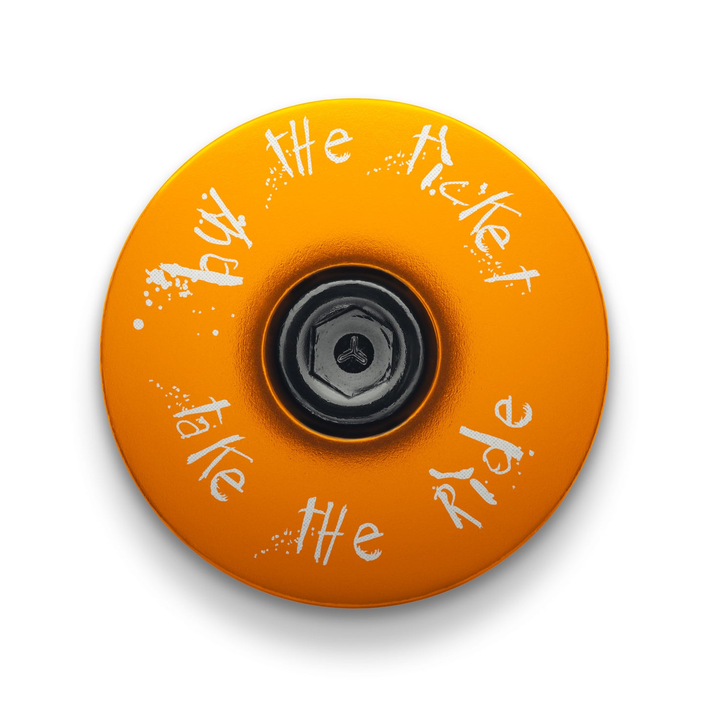 Gold bicycle headset top cap with custom engraving and anodized finish.