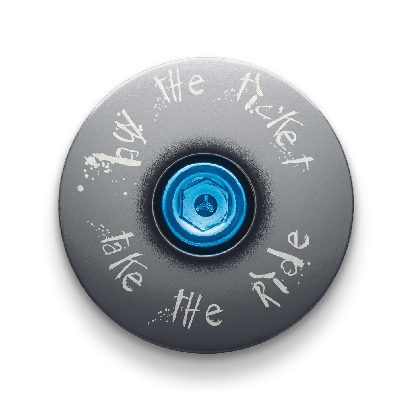 Gray custom stem cap with laser-engraved lettering for a sleek look.