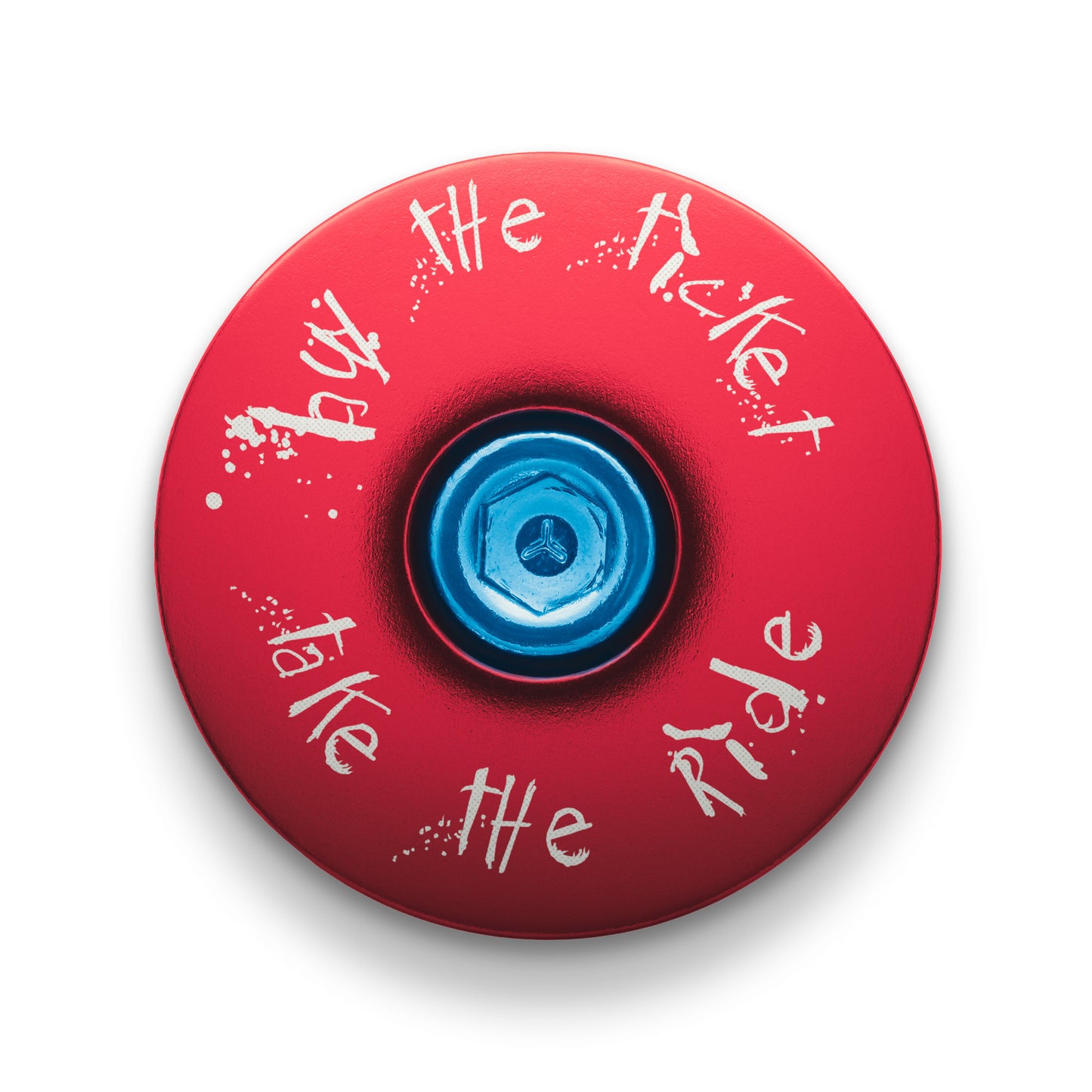 Red personalized stem cap with grayish-white lettering for a custom look.