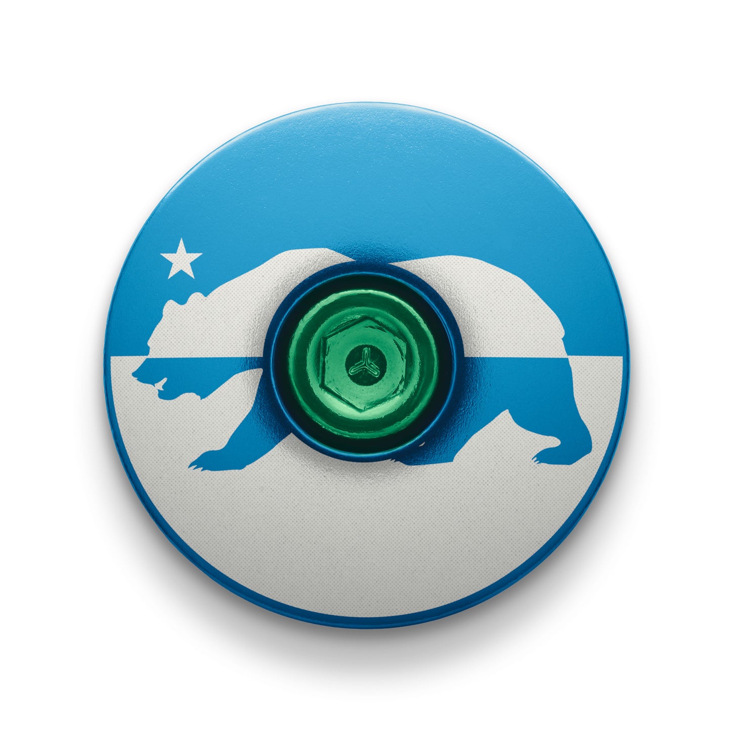 Blue bicycle headset cap with personalized star and bear design for cycling accessories.