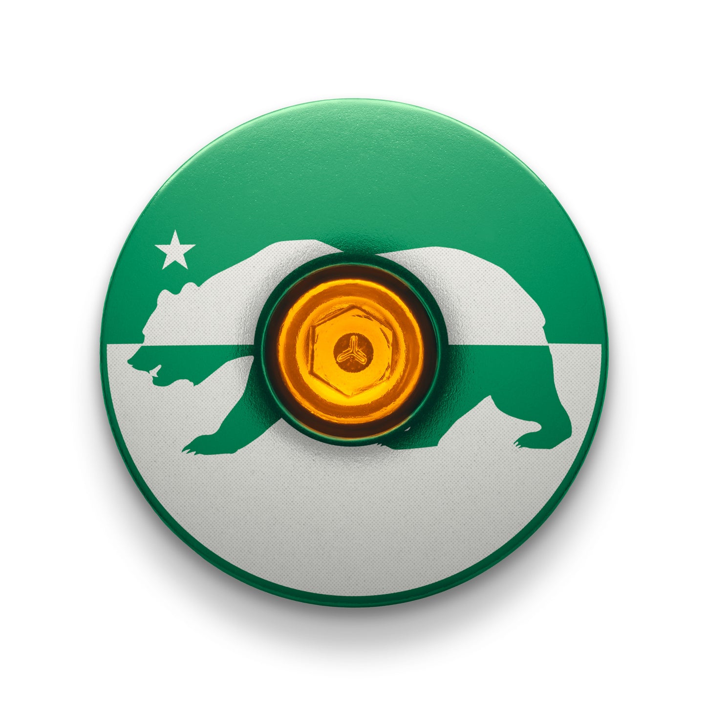 Dark green bike headset top cover featuring a California-themed custom stem cap design.