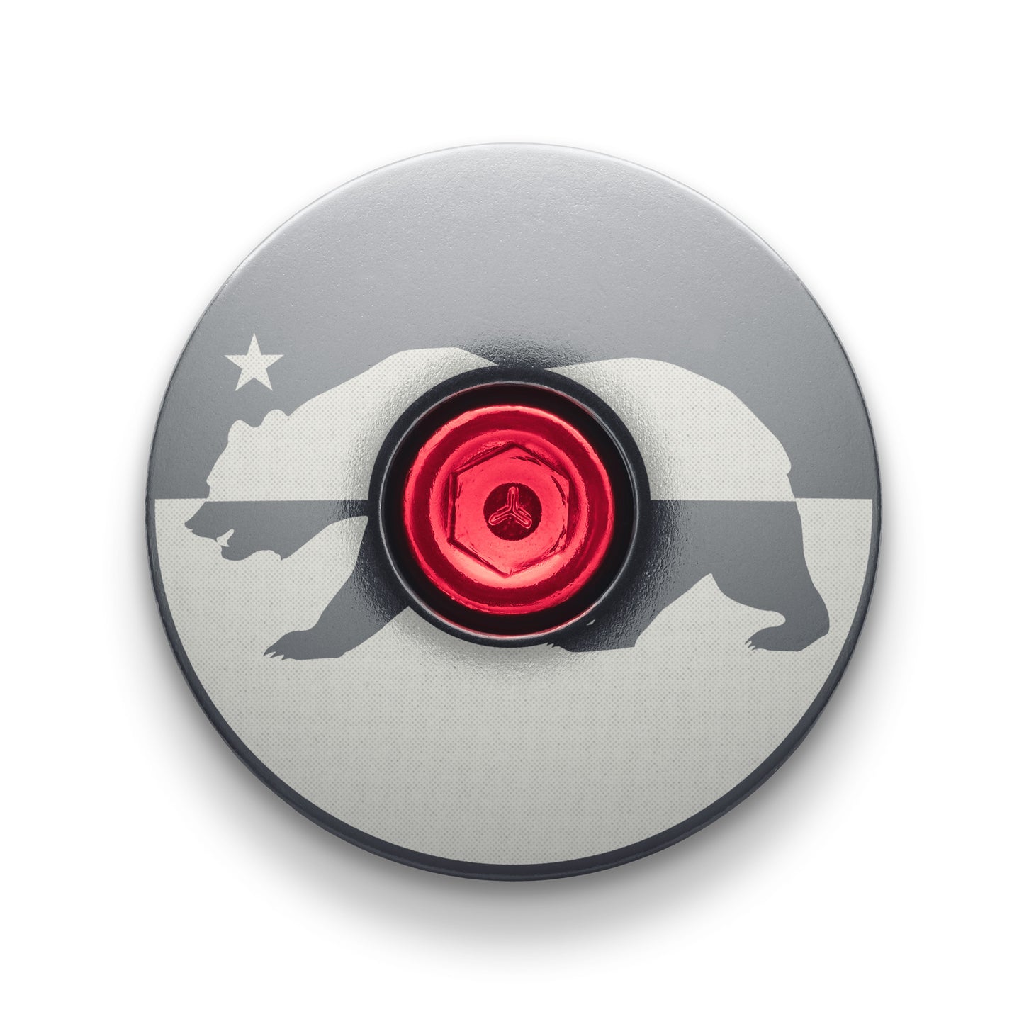 Gray bike 32mm headset top cover with a custom design inspired by California’s state flag.