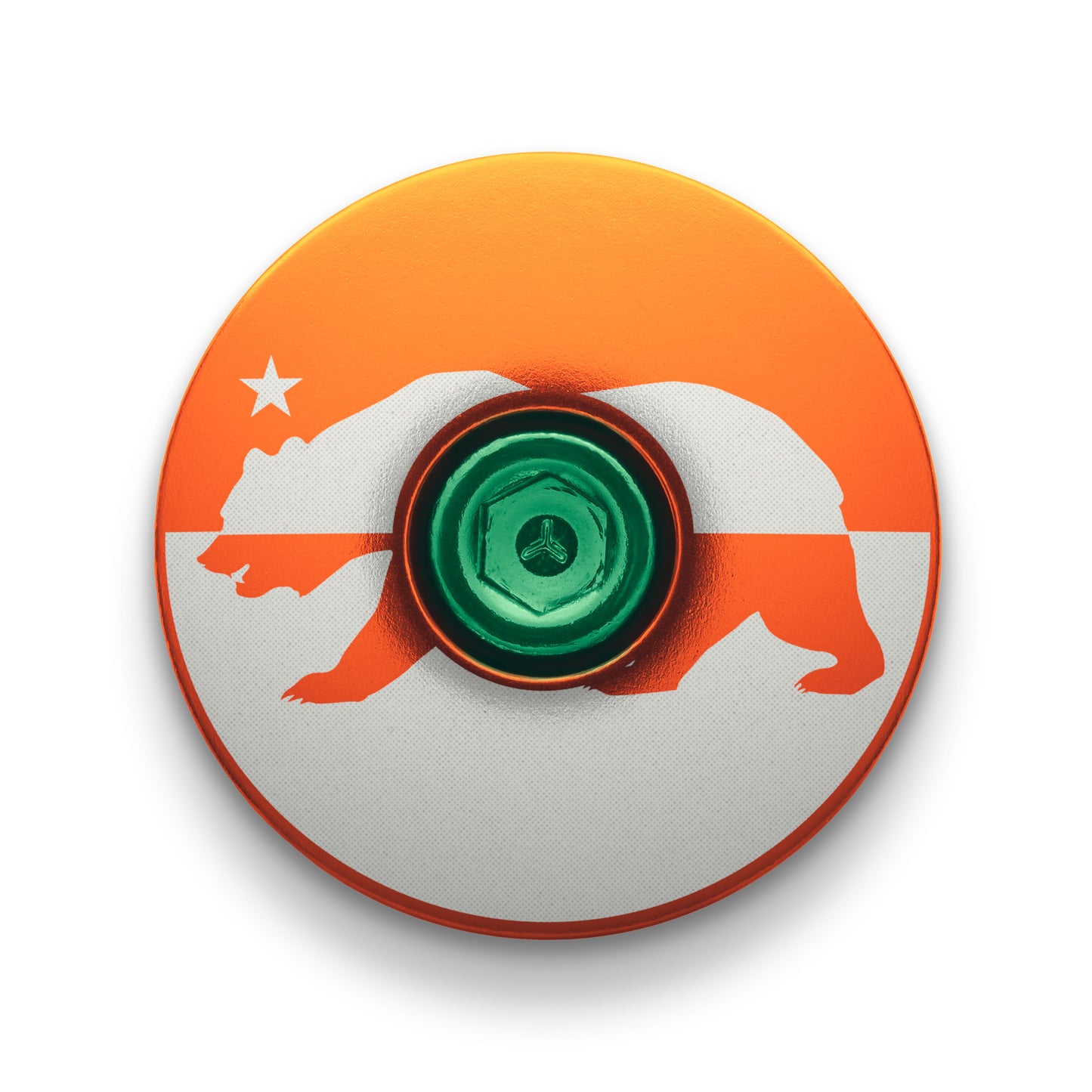 Orange top cap for bicycles designed with a California-inspired motif for custom stem caps.