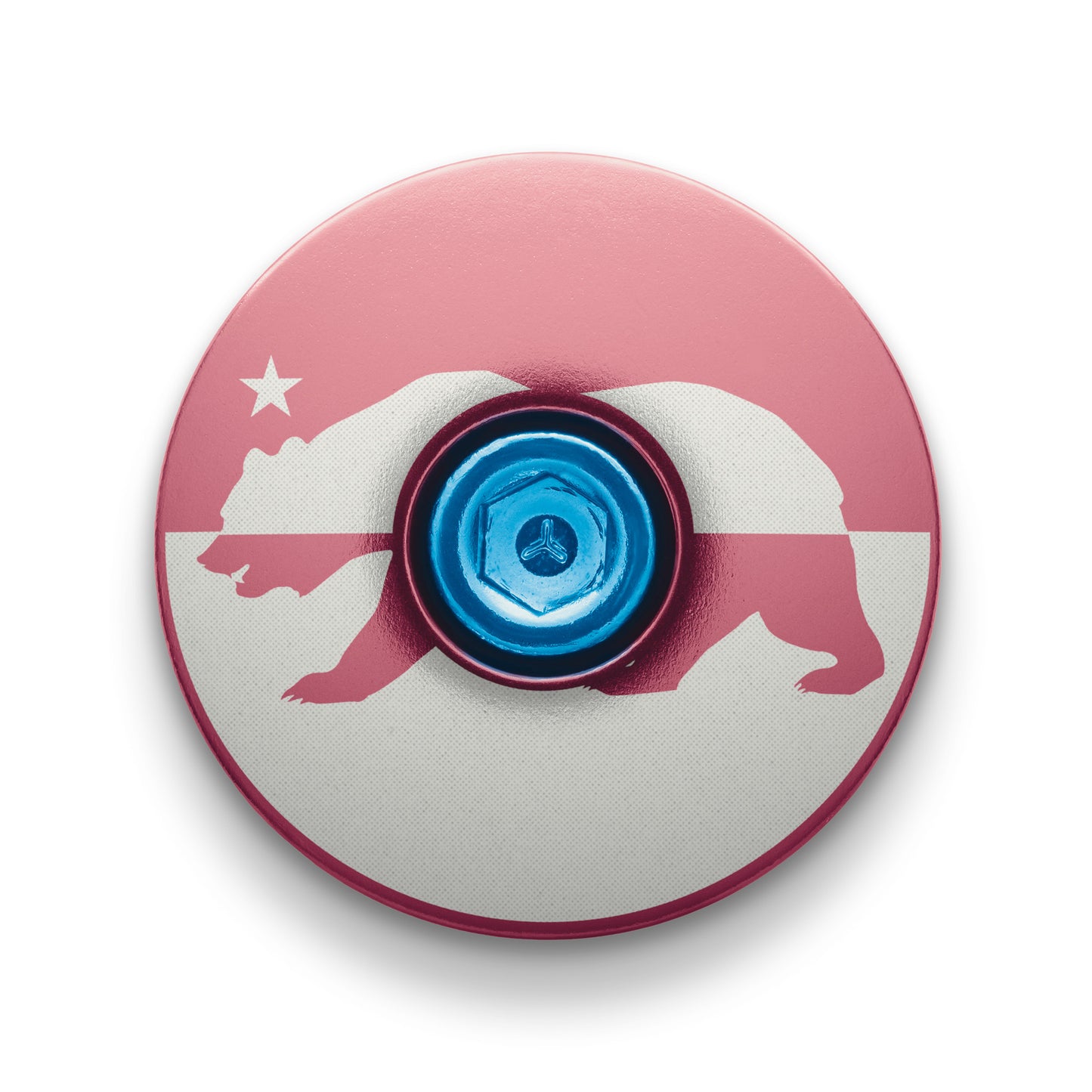 Pink stem topcap with custom California flag design for a unique bike accessory.
