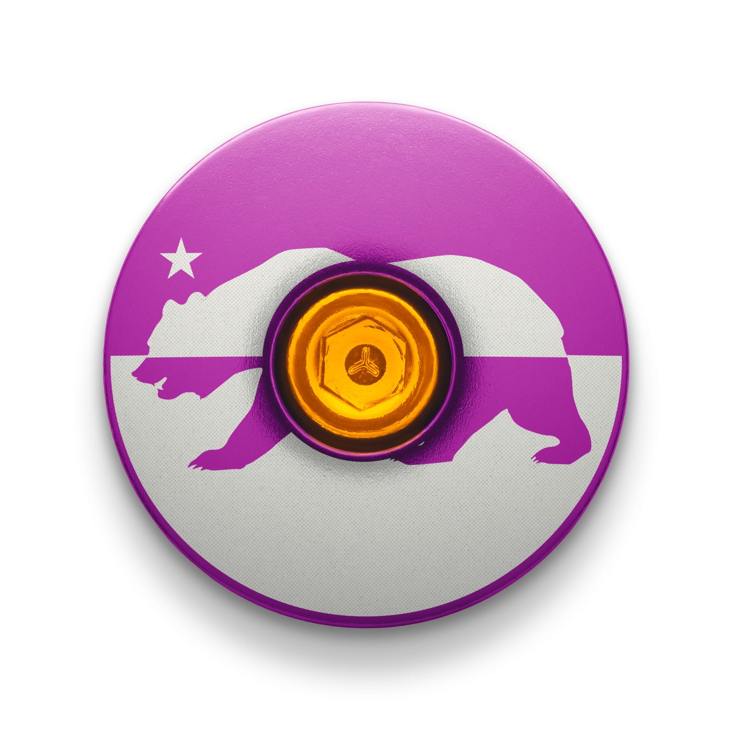 Purple custom stem cap for bicycles with a unique California flag style.