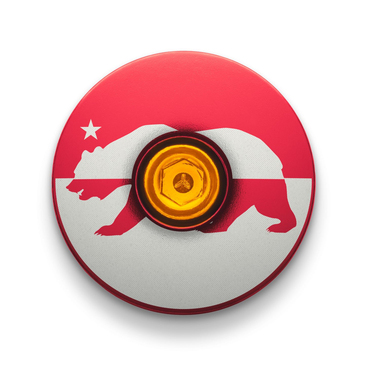 Red custom bike stem cap with California flag-inspired design for bicycle components.