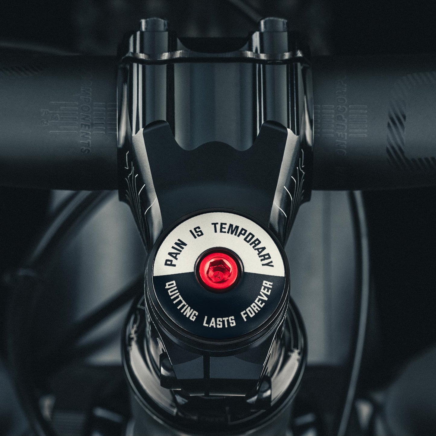 Pain is Temporary - Quitting Lasts Forever Bicycle Headset Cap with "Pain is Temporary" design for 1 1/8" steerer tubesDispatch Bike