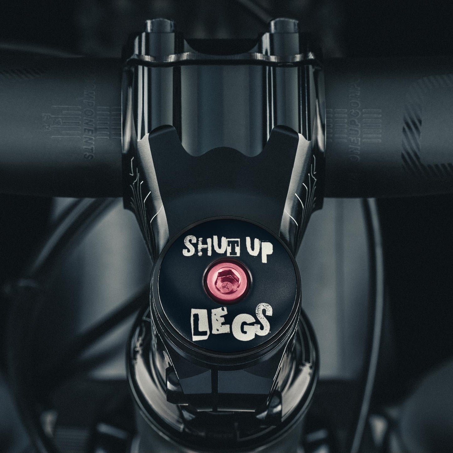 Shut Up Legs! Custom Bicycle Headset Cap with Shut Up Legs design fits 1 1/8-inch steerer tubes ideal for bike upgrades.