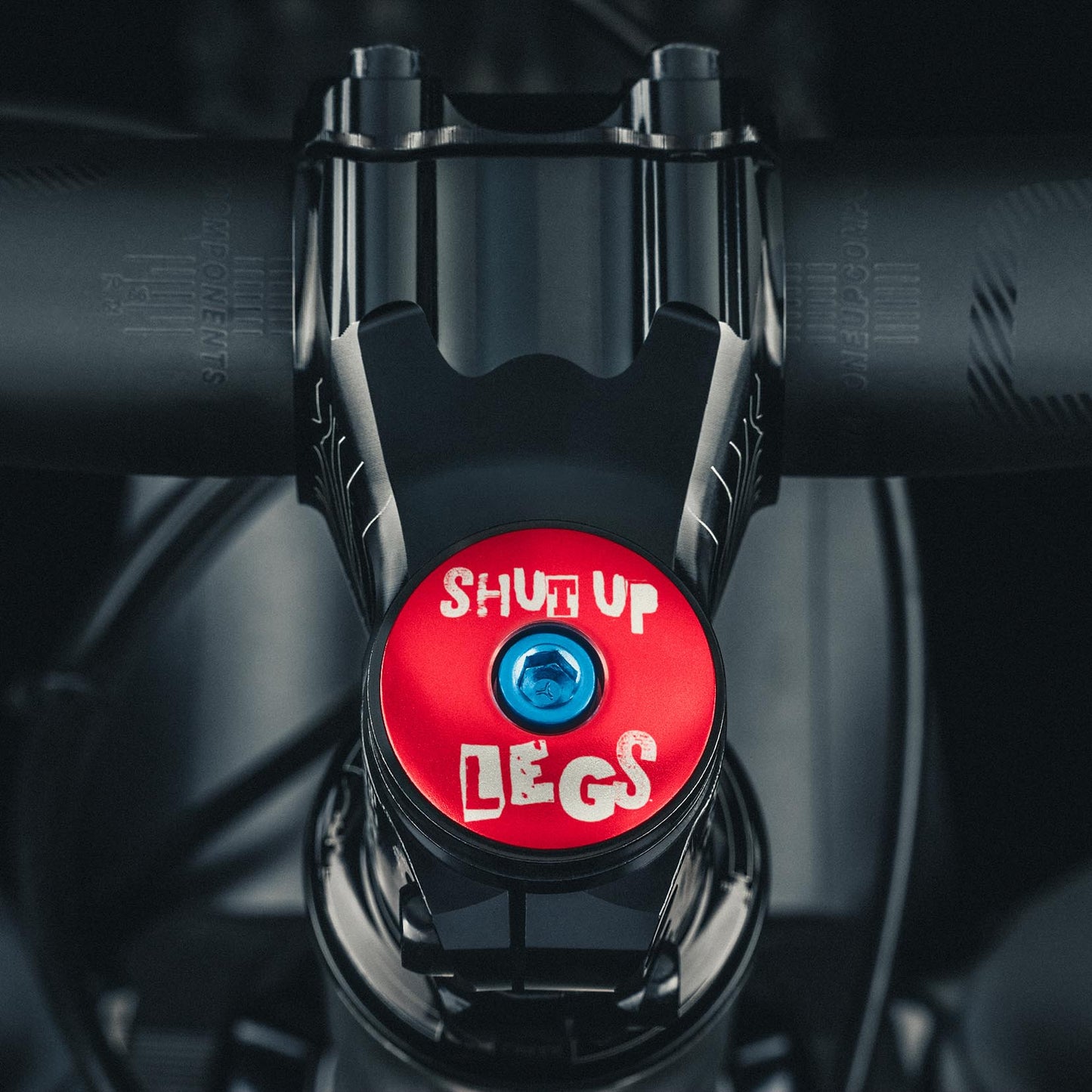 Shut Up Legs! Custom Bicycle Headset Cap with Shut Up Legs design fits 1 1/8-inch steerer tubes ideal for bike upgrades.