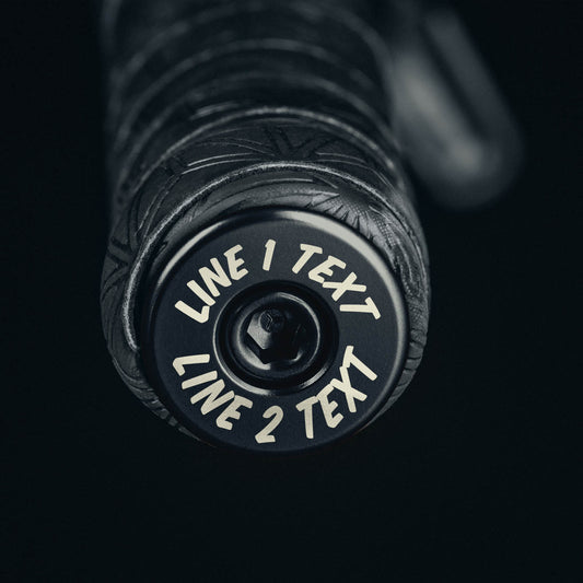 Custom black bar end plugs for cyclists with personalized design, fits mountain bike stem caps.