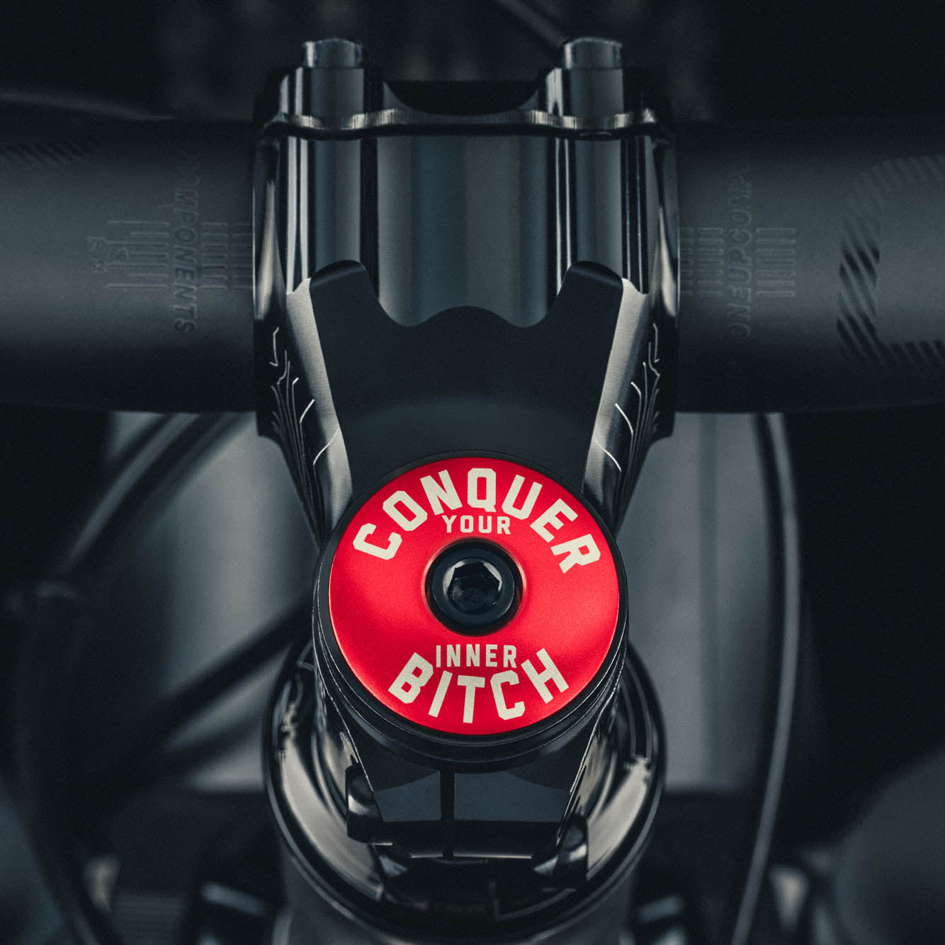 Conquer Your Inner Bitch Red bike headset top cover for enhancing your bike's style and showcasing custom bicycle accessories.