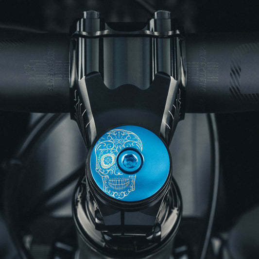 Vía de Muertos blue bike headset top cap, custom stem cap, bicycle stem caps