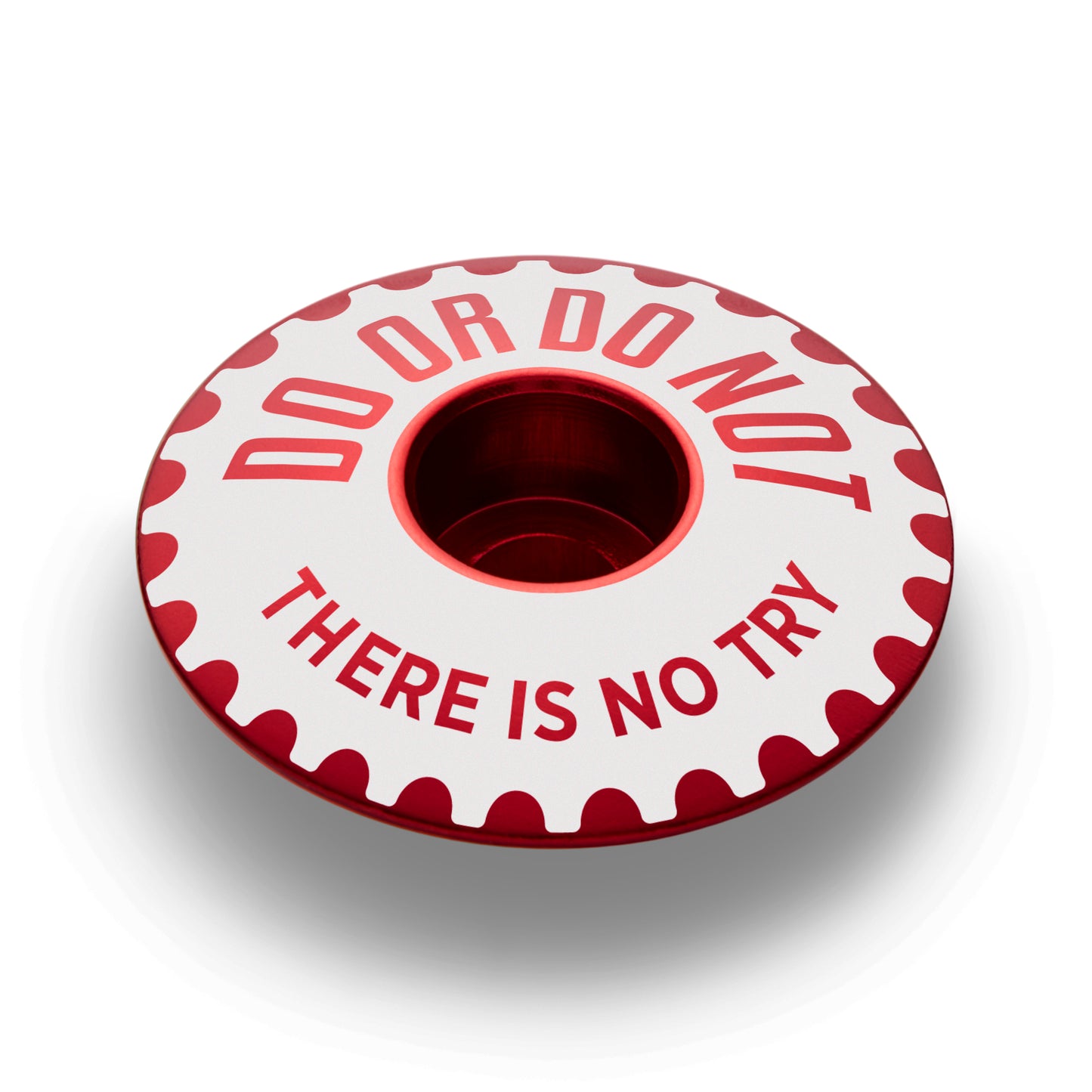 Red bike headset cap for smooth riding and secure fit.